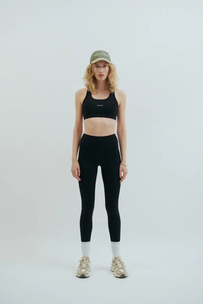 Rhowe Active Soft black sports bra with removable pads, logo on the front and in soft and breathable fabric